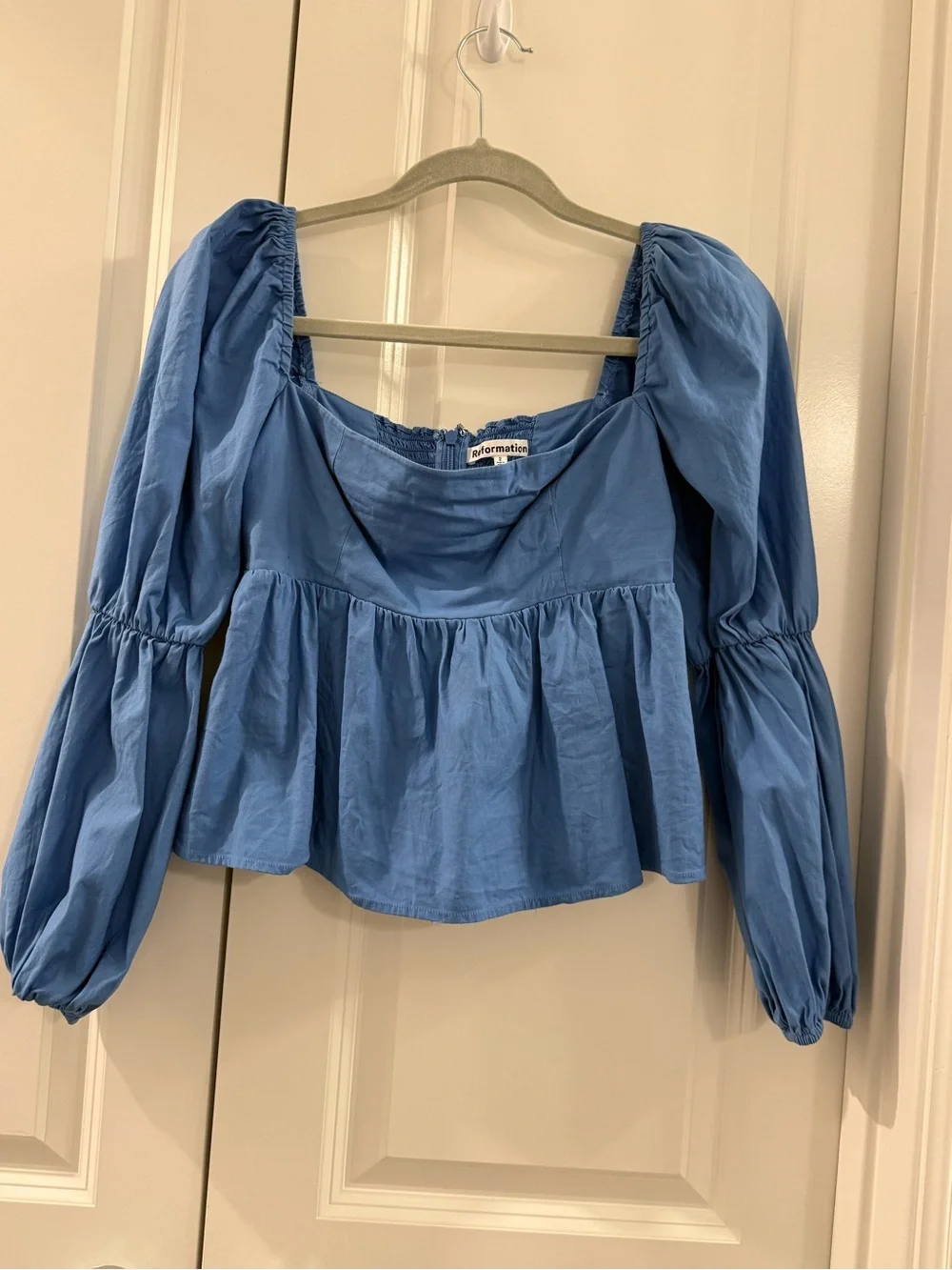 Reformation Jaxley Top Azure Blue Size 2 Puff Sleeve Babydoll Top Organic Cotton